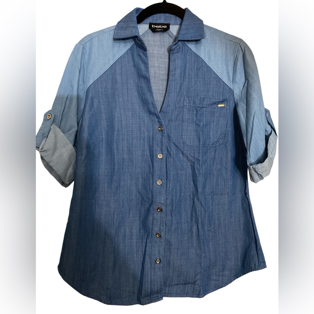 Bebe Two-Tone Blue Denim V-Neck Button Down Shirt with Roll-tab sleeves
